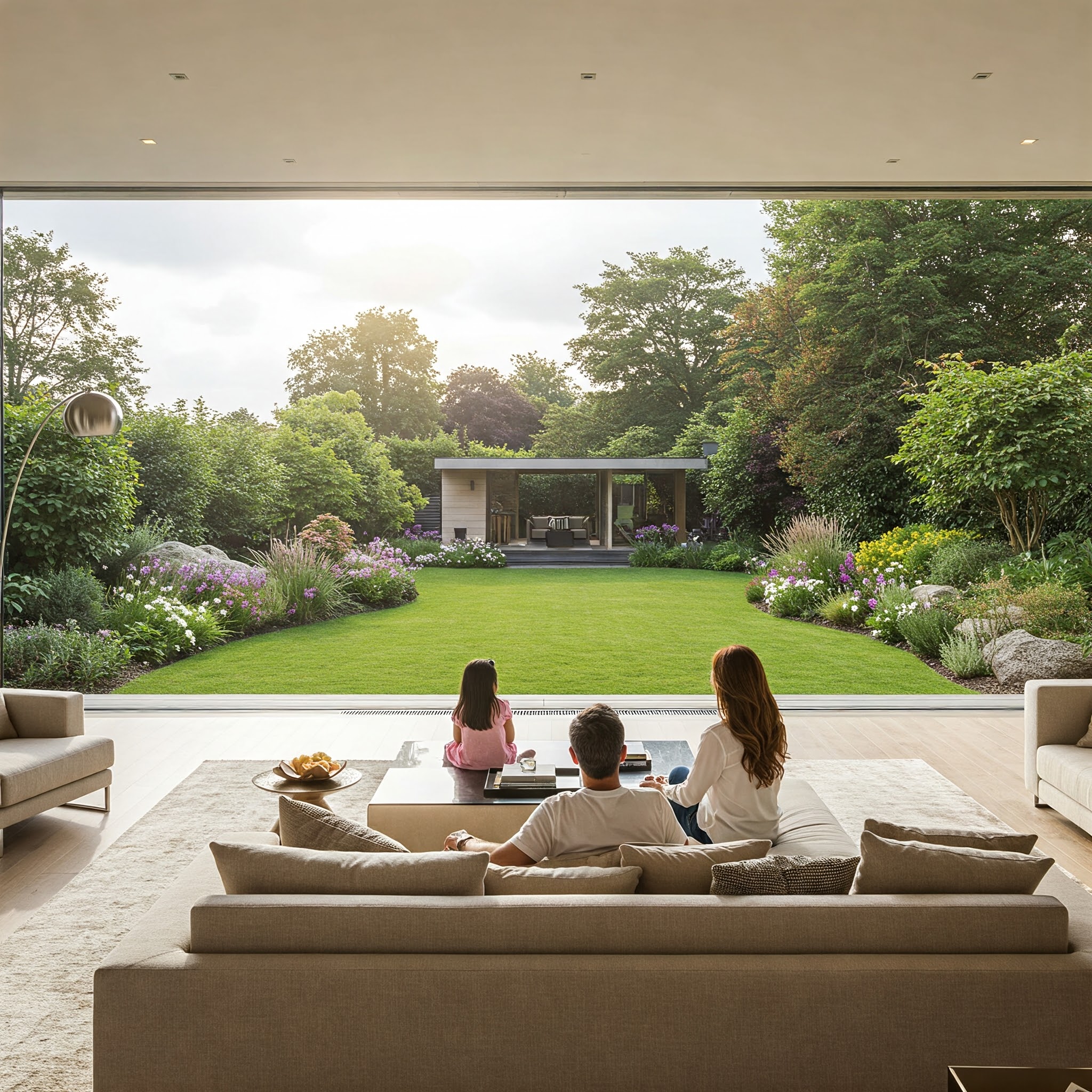 Gezinsmoment in moderne woonkamer met open zicht op groene tuin en overdekt terras